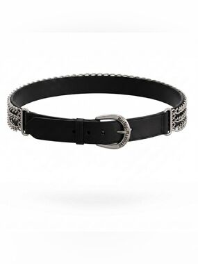 Harley-Davidson Black Leather Belt with Silver Chain Trim and Engraved Buckle